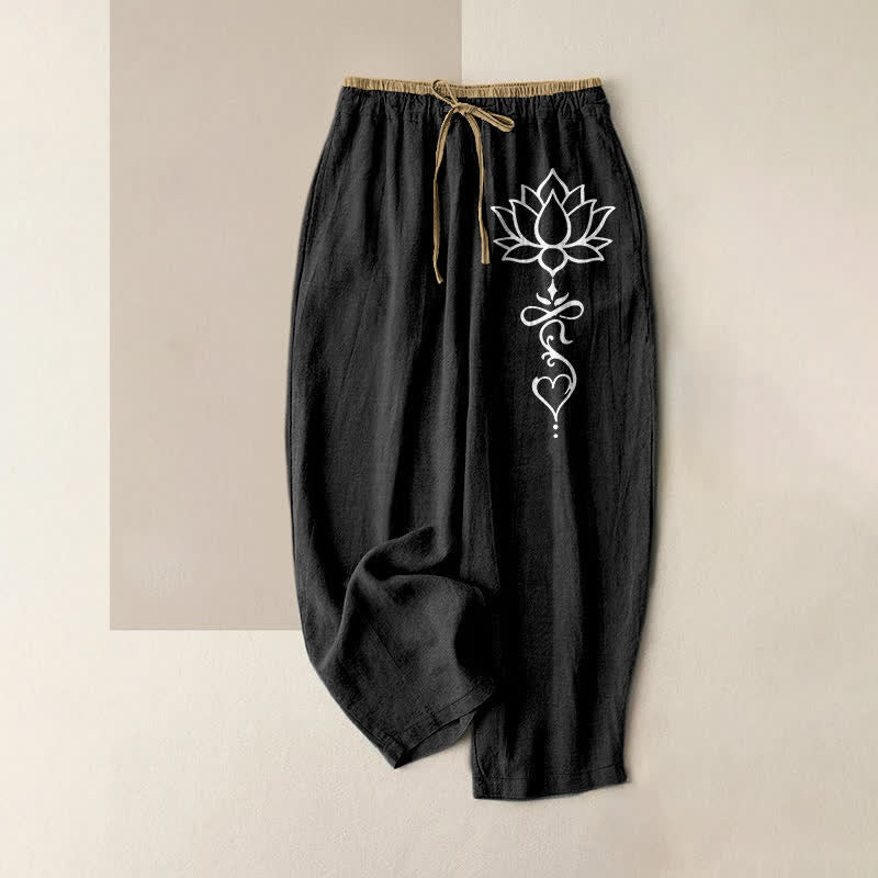 Buddha Stones 純綿素材、白蓮柄、ウエストゴム、ポケット付きレディースパンツ - 黒 - US16、 UK/AU20、 EU48 (3XL) - image 0