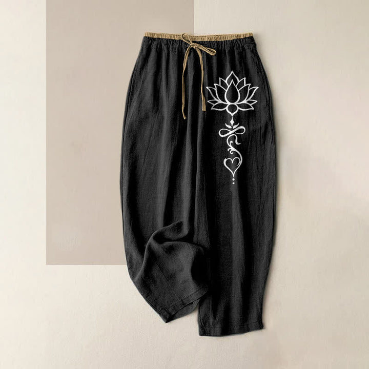 Buddha Stones 純綿素材、白蓮柄、ウエストゴム、ポケット付きレディースパンツ - 黒 - US16、 UK/AU20、 EU48 (3XL) - image 0