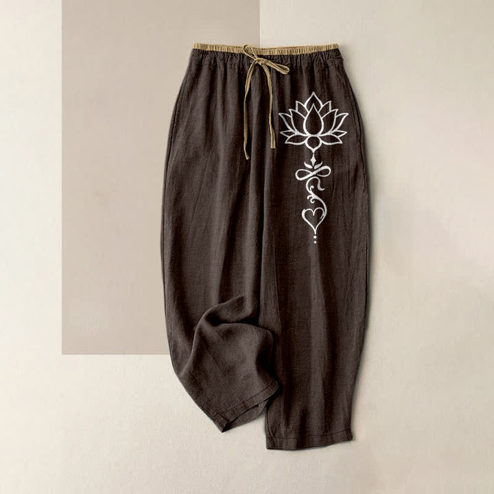 Buddha Stones 純綿素材、白蓮柄、ウエストゴム、ポケット付きレディースパンツ - サドルブラウン - US16、 UK/AU20、 EU48 (3XL) - image 4