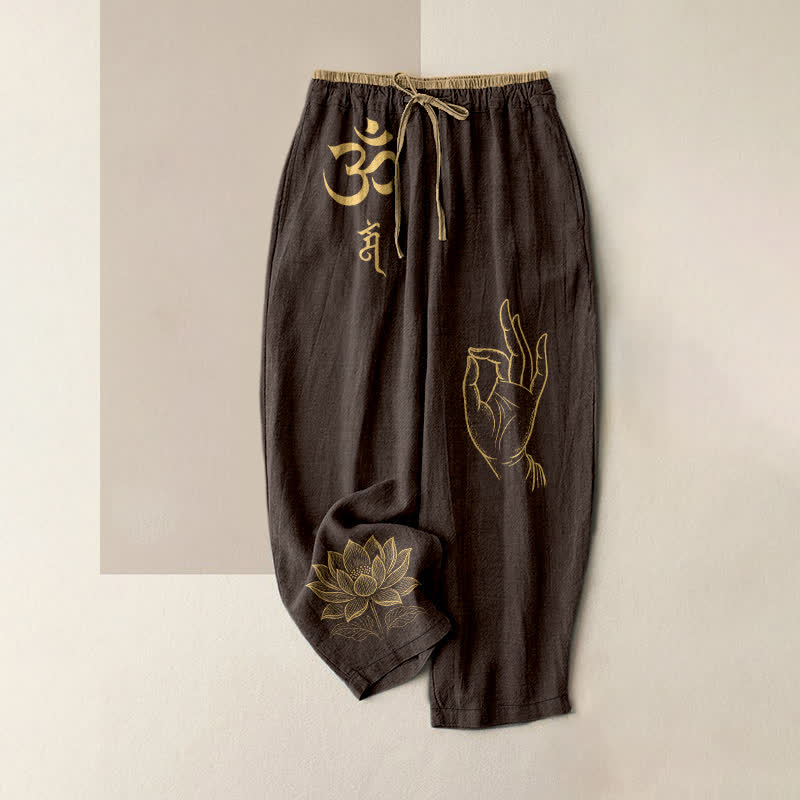 Buddha Stones 純綿素材、神聖なオム蓮模様、レディース用ゴムウエストパンツ（ポケット付き） - サドルブラウン - US16、 UK/AU20、 EU48 (3XL) - image 4