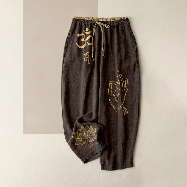 Buddha Stones 純綿素材、神聖なオム蓮模様、レディース用ゴムウエストパンツ（ポケット付き） - サドルブラウン - US16、 UK/AU20、 EU48 (3XL) - image 4