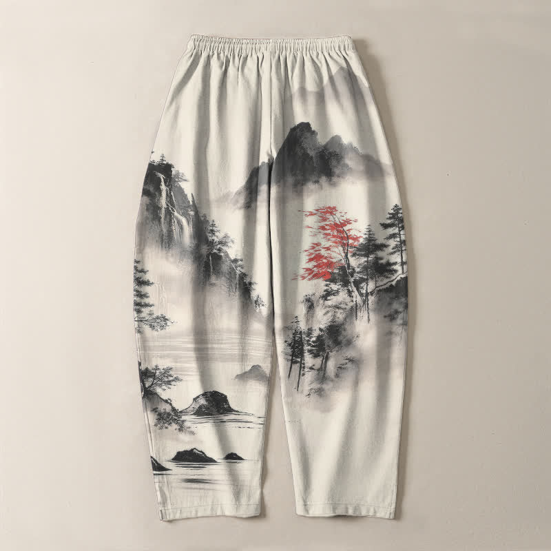 Buddha Stones 純綿インクウォッシュ加工の山岳風景柄、ドローストリング付きメンズテーパードパンツ（ポケット付き） - image 3