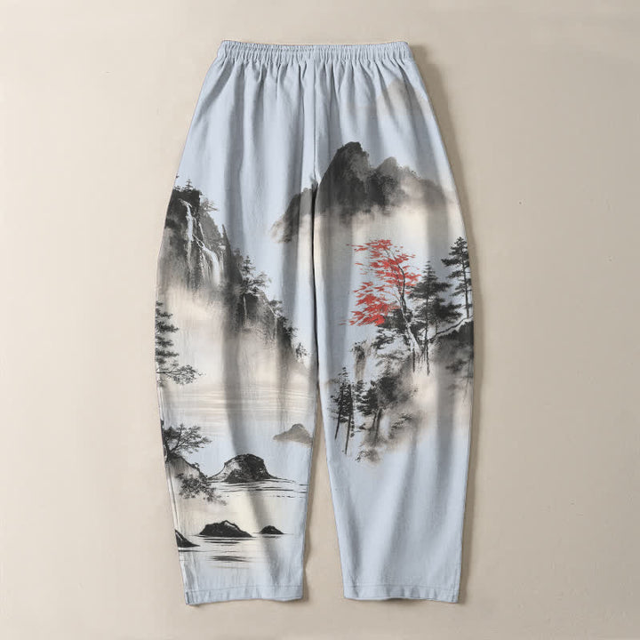 Buddha Stones 純綿インクウォッシュ加工の山岳風景柄、ドローストリング付きメンズテーパードパンツ（ポケット付き） - image 14