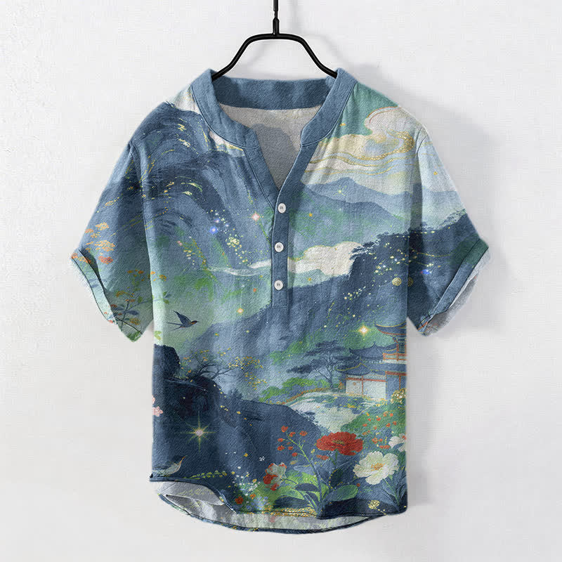 Buddha Stones コットンインクウォッシュ風景柄メンズ半袖ハーフボタンシャツ - カデットブルー - US/UK/AU50、EU60（5XL） - image 0