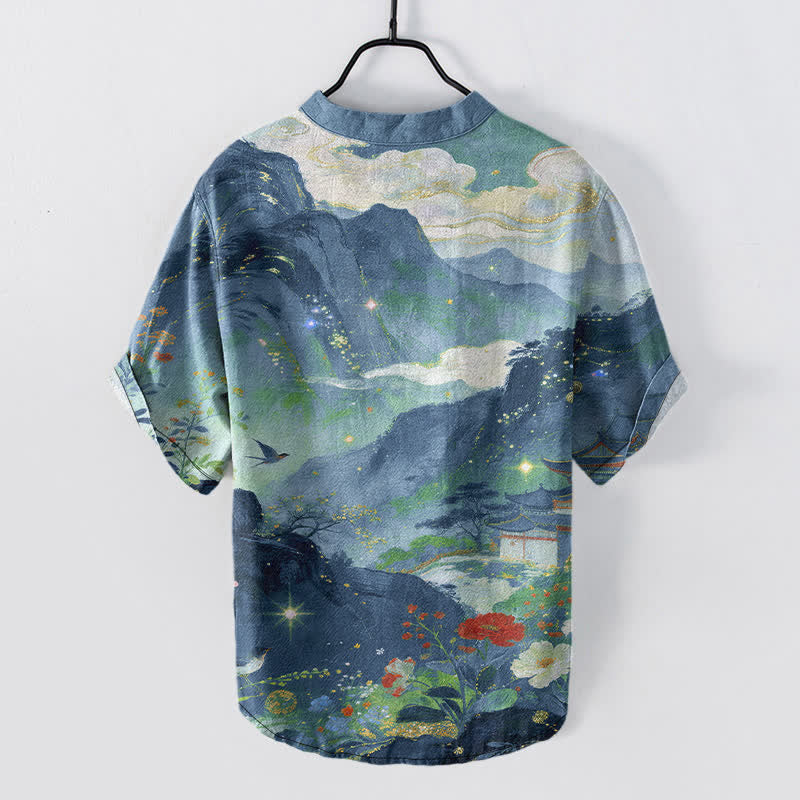 Buddha Stones コットンインクウォッシュ風景柄メンズ半袖ハーフボタンシャツ - image 1
