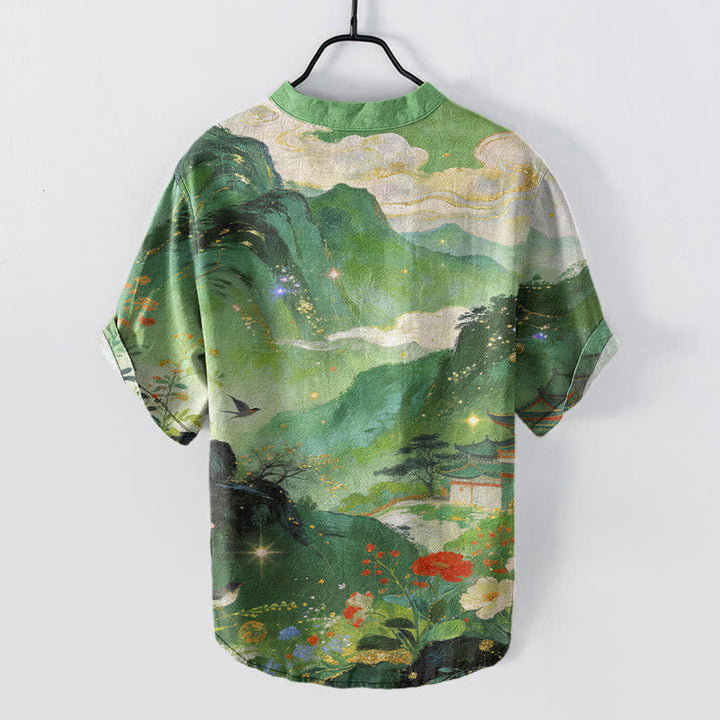 Buddha Stones コットンインクウォッシュ風景柄メンズ半袖ハーフボタンシャツ - image 6