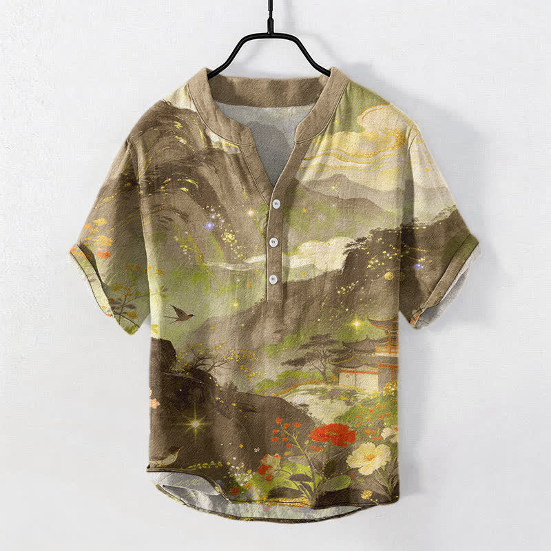 Buddha Stones コットンインクウォッシュ風景柄メンズ半袖ハーフボタンシャツ - ゴールデンロッド - US/UK/AU50、EU60（5XL） - image 7