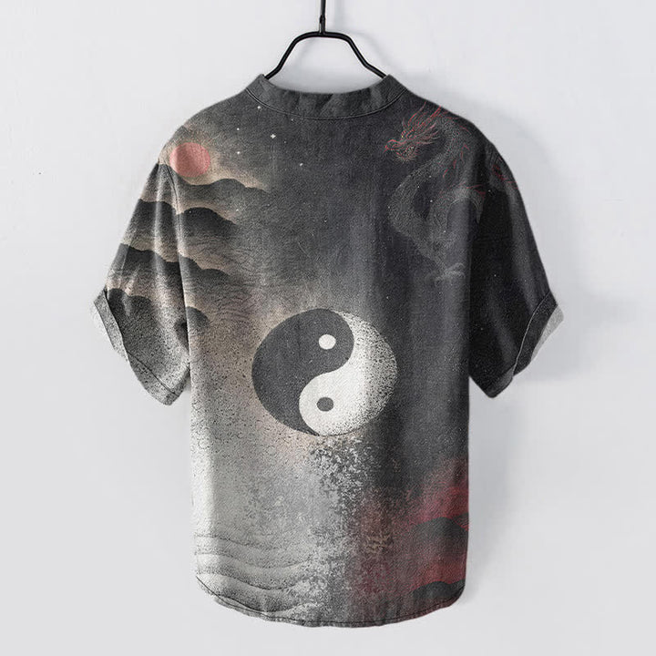Buddha Stones コットン素材の陰陽メンズ半袖ハーフボタンシャツ - image 1