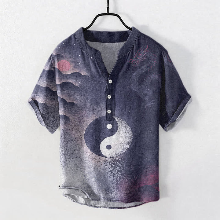 Buddha Stones コットン素材の陰陽メンズ半袖ハーフボタンシャツ - ミッドナイトブルー - US/UK/AU50、EU60（5XL） - image 5