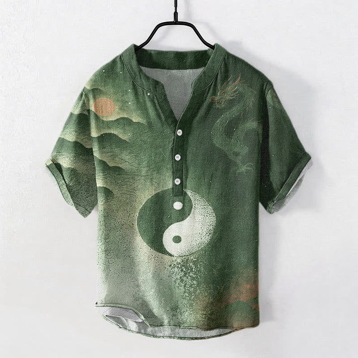 Buddha Stones コットン素材の陰陽メンズ半袖ハーフボタンシャツ - ダークオリーブグリーン - US/UK/AU50、EU60（5XL） - image 7