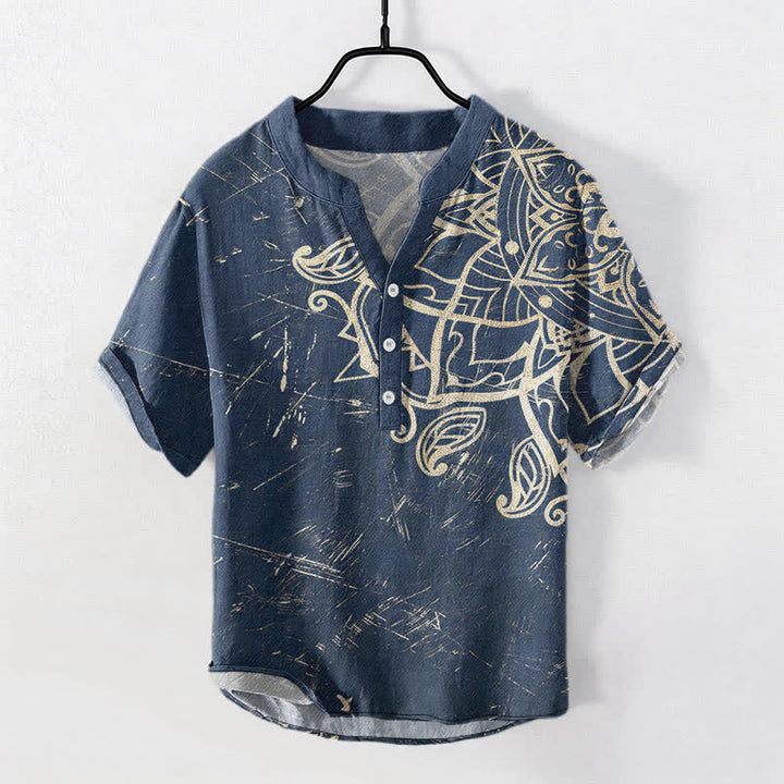Buddha Stones コットン製ヴィンテージマンダラ花柄メンズ半袖ハーフボタンシャツ - 海軍 - US/UK/AU50、EU60（5XL） - image 0