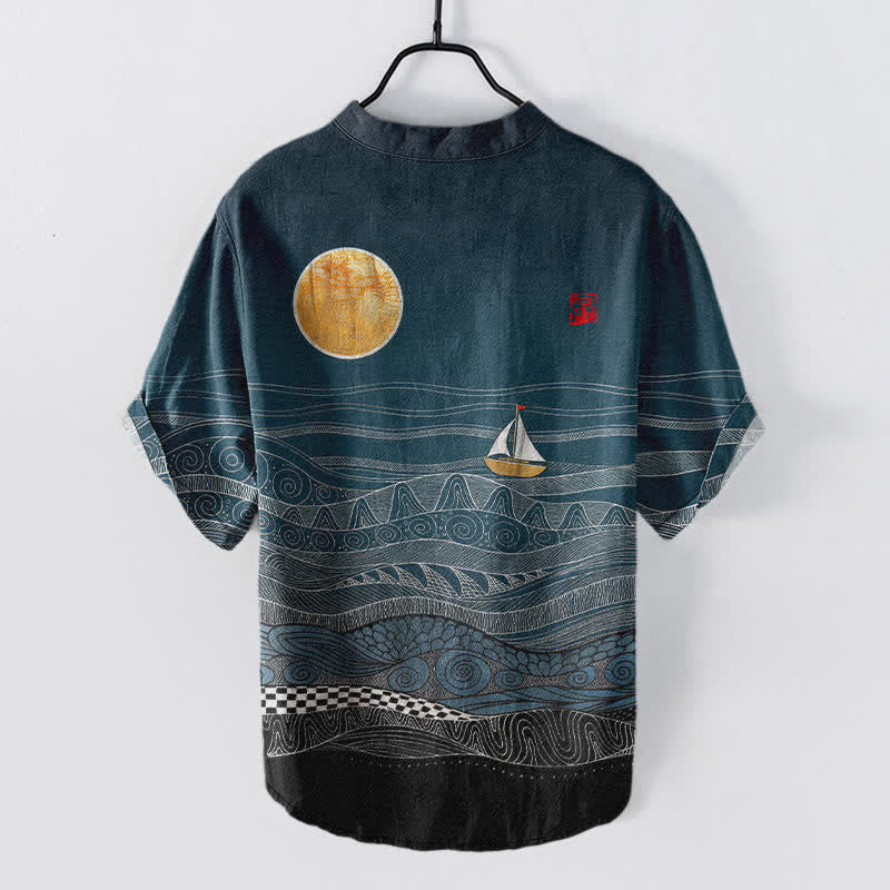 Buddha Stones コットン製オーシャンウェーブヨット柄メンズ半袖ハーフボタンシャツ - image 1