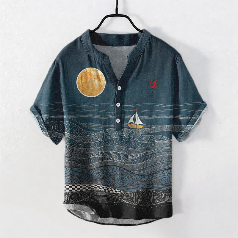 Buddha Stones コットン製オーシャンウェーブヨット柄メンズ半袖ハーフボタンシャツ - ティール - US/UK/AU50、EU60（5XL） - image 0