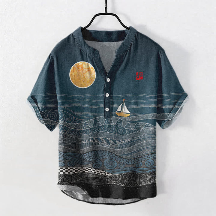 Buddha Stones コットン製オーシャンウェーブヨット柄メンズ半袖ハーフボタンシャツ - ティール - US/UK/AU50、EU60（5XL） - image 0
