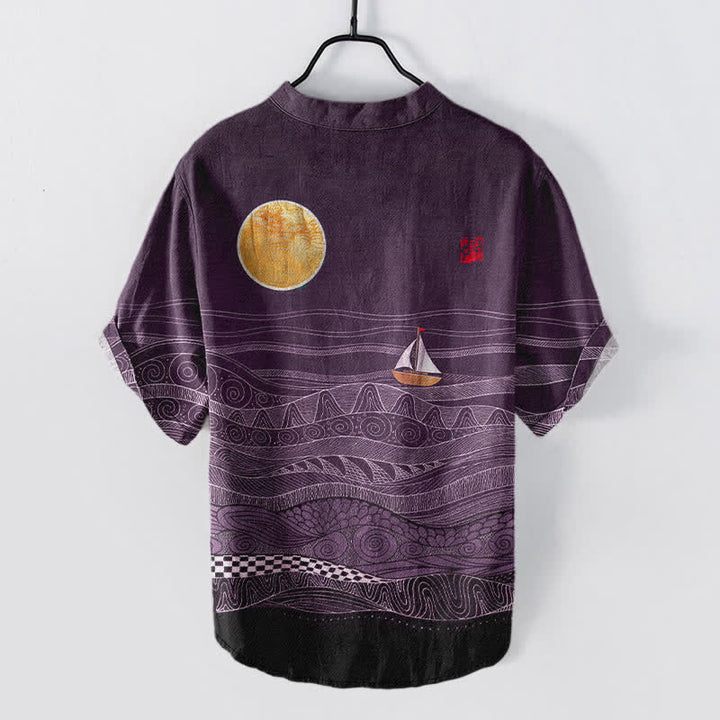 Buddha Stones コットン製オーシャンウェーブヨット柄メンズ半袖ハーフボタンシャツ - image 8