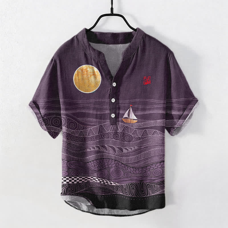 Buddha Stones コットン製オーシャンウェーブヨット柄メンズ半袖ハーフボタンシャツ - 紫 - US/UK/AU50、EU60（5XL） - image 7