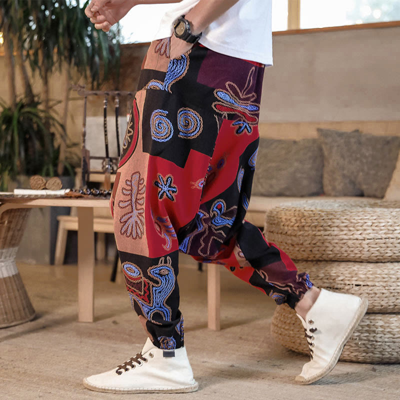 Buddha Stonesグリッドフラワープリントコットンメンズハーレムクロップドパンツ（ポケット付き） - 赤 - US/UK/AU42、 EU52 (3XL) - image 0