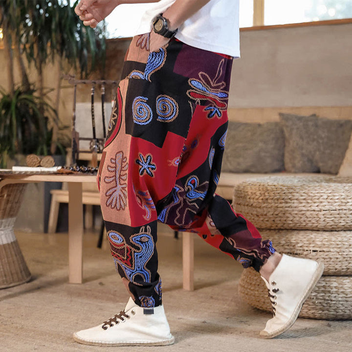 Buddha Stonesグリッドフラワープリントコットンメンズハーレムクロップドパンツ（ポケット付き） - 赤 - US/UK/AU42、 EU52 (3XL) - image 0
