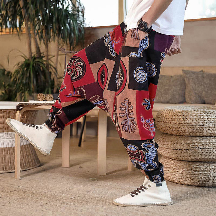 Buddha Stonesグリッドフラワープリントコットンメンズハーレムクロップドパンツ（ポケット付き） - image 4