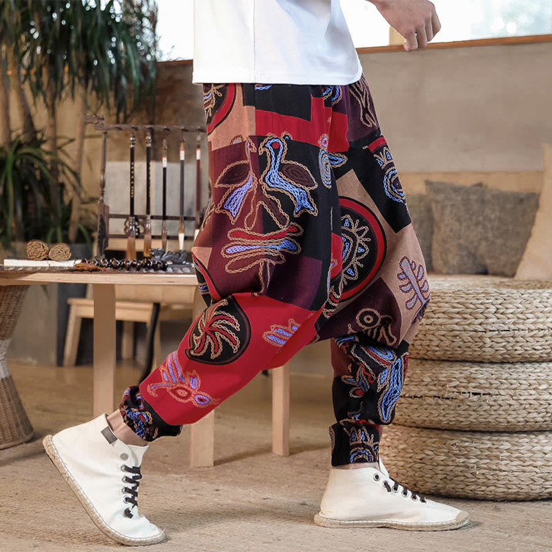 Buddha Stonesグリッドフラワープリントコットンメンズハーレムクロップドパンツ（ポケット付き） - image 6