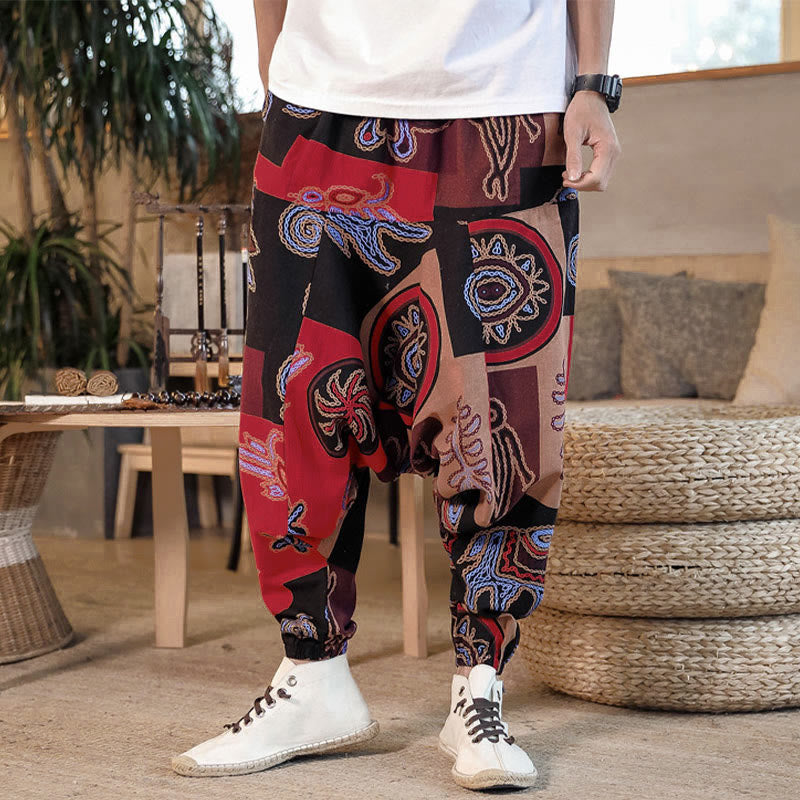Buddha Stonesグリッドフラワープリントコットンメンズハーレムクロップドパンツ（ポケット付き） - image 1