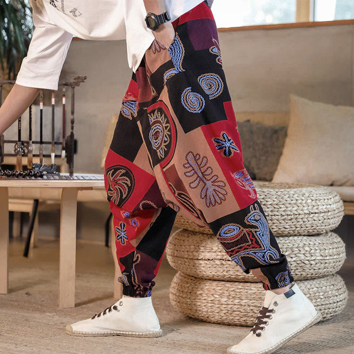 Buddha Stonesグリッドフラワープリントコットンメンズハーレムクロップドパンツ（ポケット付き） - image 3