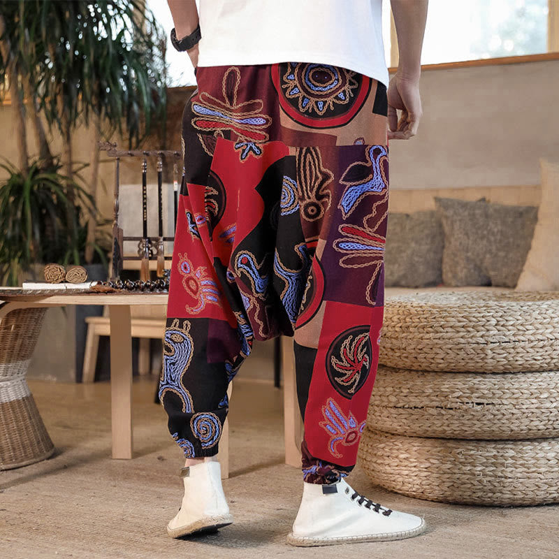Buddha Stonesグリッドフラワープリントコットンメンズハーレムクロップドパンツ（ポケット付き） - image 7
