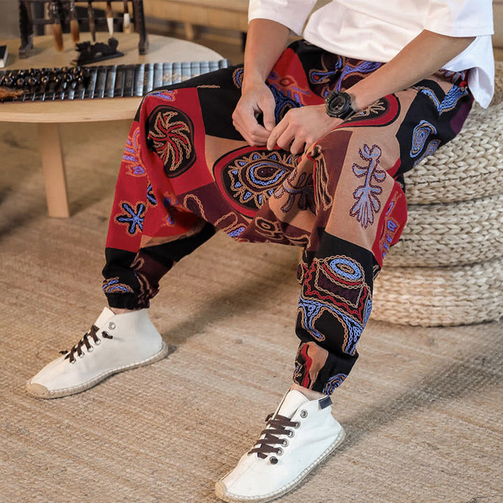 Buddha Stonesグリッドフラワープリントコットンメンズハーレムクロップドパンツ（ポケット付き） - image 8