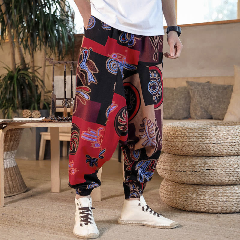 Buddha Stonesグリッドフラワープリントコットンメンズハーレムクロップドパンツ（ポケット付き） - image 5