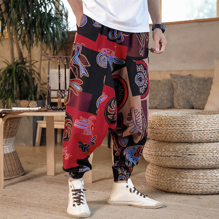 Buddha Stonesグリッドフラワープリントコットンメンズハーレムクロップドパンツ（ポケット付き） - image 5