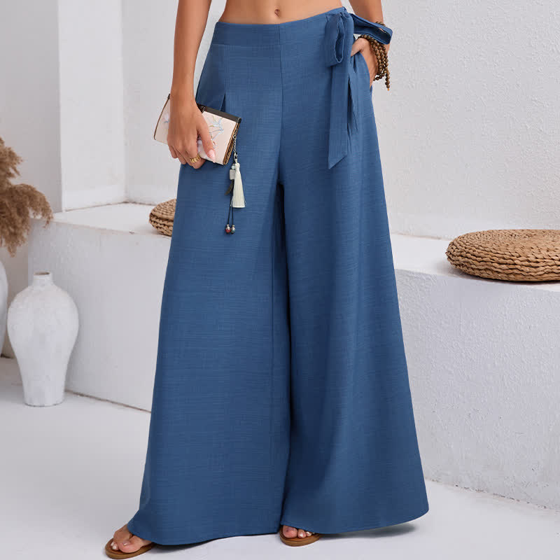 Buddha Stones春のカジュアル レトロ 無地 ドローストリング レディース ワイドレッグパンツ ポケット付き - image 3