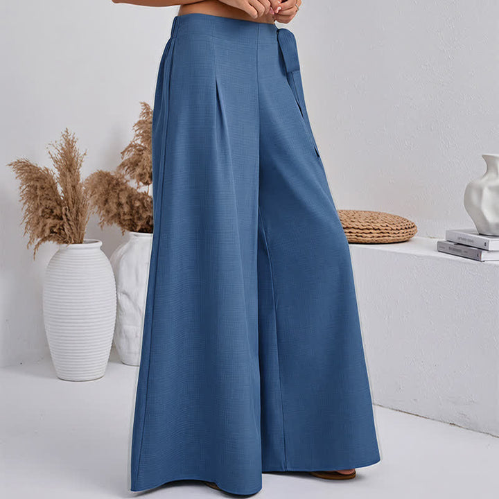 Buddha Stones春のカジュアル レトロ 無地 ドローストリング レディース ワイドレッグパンツ ポケット付き - image 1