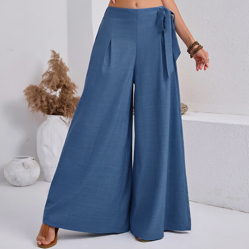 Buddha Stones春のカジュアル レトロ 無地 ドローストリング レディース ワイドレッグパンツ ポケット付き - image 2