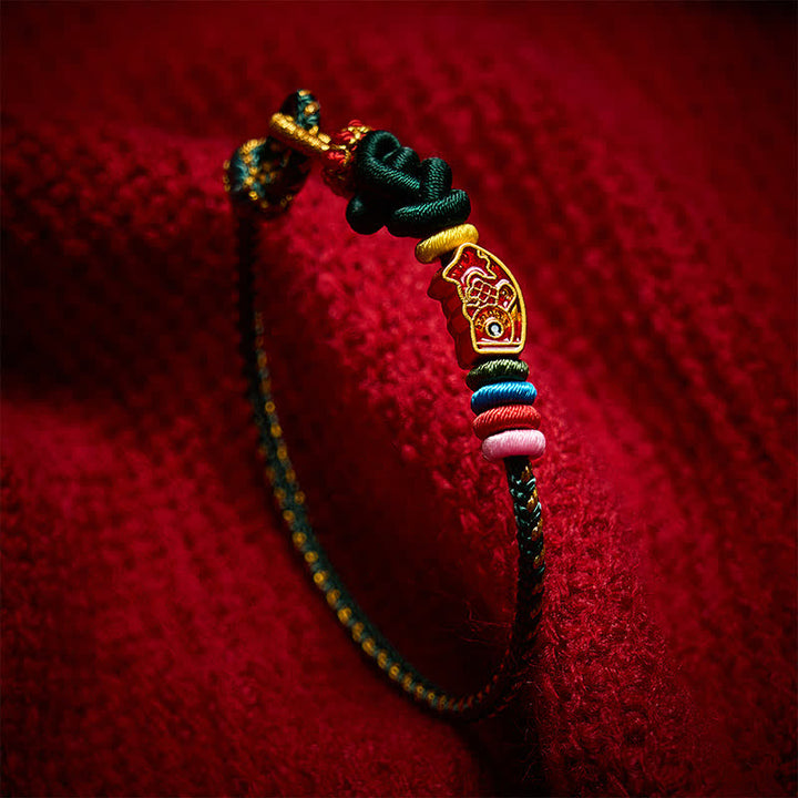 Buddha Stones 手織りのカラフルな緑色の糸で作られた鯉の保護ロープブレスレット - image 3