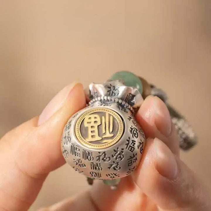 Buddha Stones 銅製の福の文字をモチーフにした手織りの良縁祈願バッグとビーズのキーホルダー - image 4
