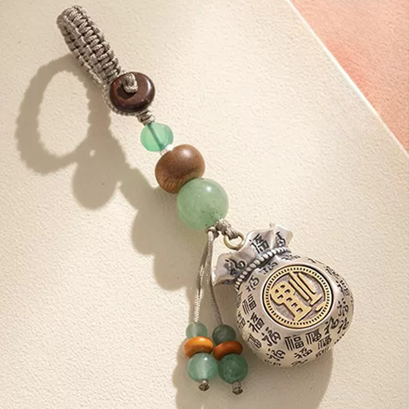 Buddha Stones 銅製の福の文字をモチーフにした手織りの良縁祈願バッグとビーズのキーホルダー - 福の文字（幸運♥良縁祈願） - image 0