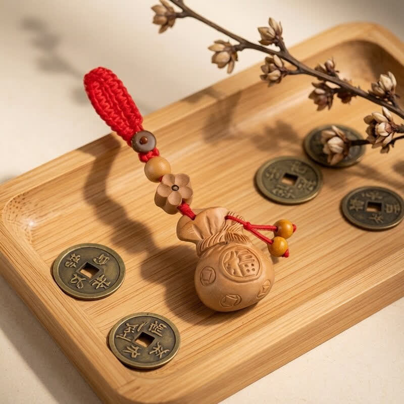 Buddha Stones 桃の木 福の文字 蓮の花 幸運のポーチ 財運のお守り キーホルダー - 梅の花ビーズ 赤いロープ - image 11