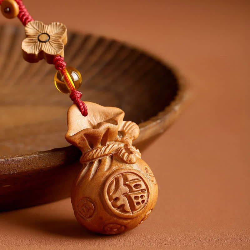 Buddha Stones 桃の木 福の文字 蓮の花 幸運のポーチ 財運のお守り キーホルダー - image 2