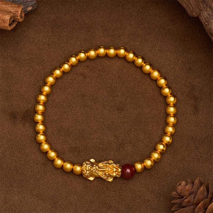 Buddha Stones 金メッキ銅製赤瑪瑙貔財財運丸玉ブレスレット - image 2
