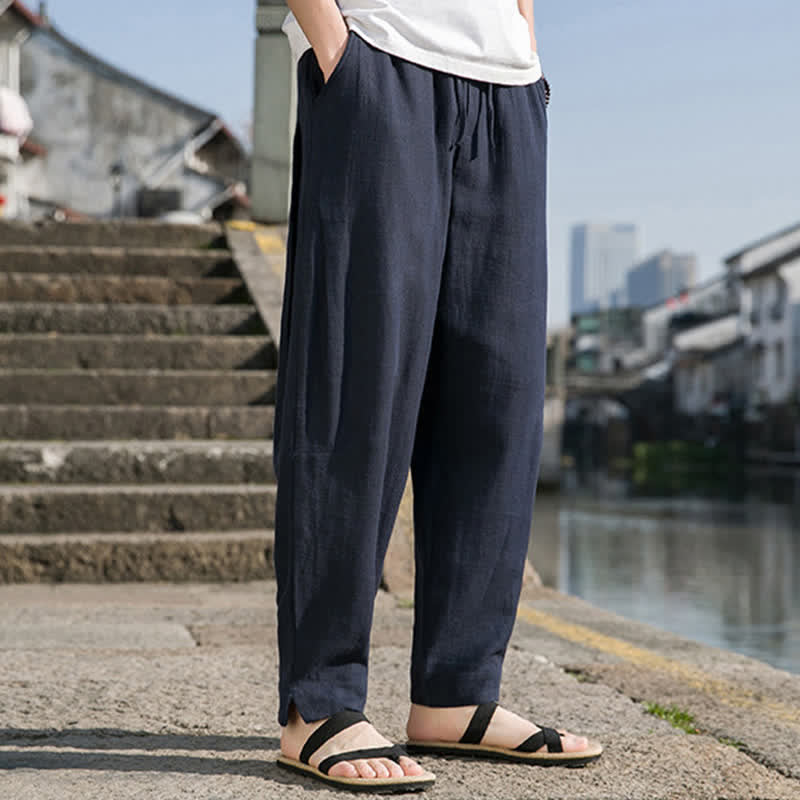 Buddha Stones 春夏カジュアルミニマリストドローストリング無地ラミーアンクルパンツメンズハーレムパンツポケット付き - image 13