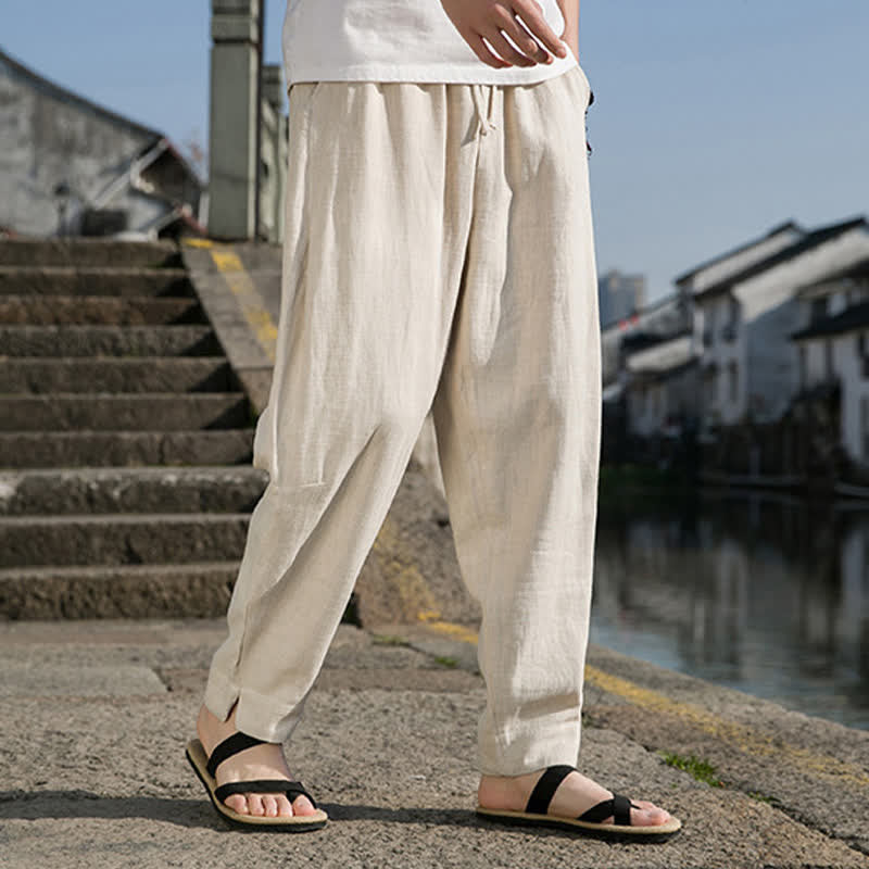 Buddha Stones 春夏カジュアルミニマリストドローストリング無地ラミーアンクルパンツメンズハーレムパンツポケット付き - image 1