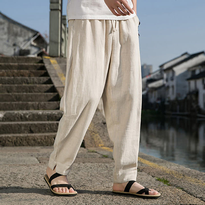 Buddha Stones 春夏カジュアルミニマリストドローストリング無地ラミーアンクルパンツメンズハーレムパンツポケット付き - image 1