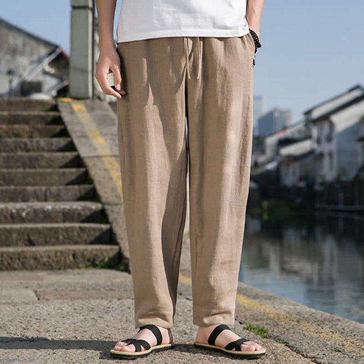 Buddha Stones 春夏カジュアルミニマリストドローストリング無地ラミーアンクルパンツメンズハーレムパンツポケット付き - image 24