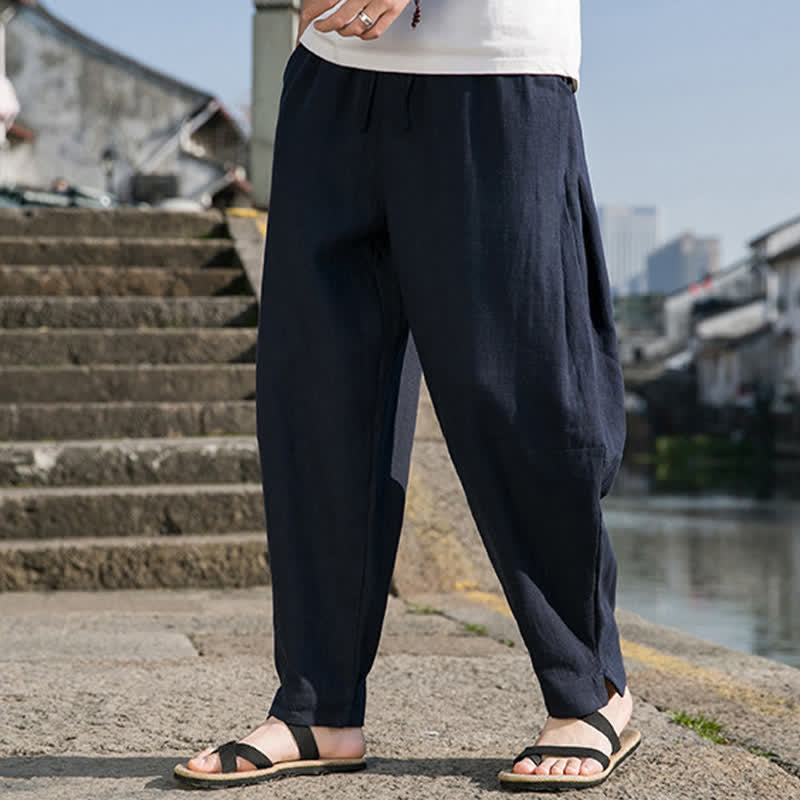 Buddha Stones 春夏カジュアルミニマリストドローストリング無地ラミーアンクルパンツメンズハーレムパンツポケット付き - image 15