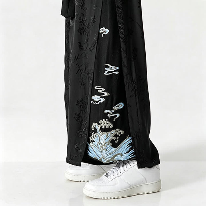 Buddha Stones 春夏唐草風ドローストリング刺繍抽象柄クロップドパンツメンズワイドレッグパンツポケット付き - image 11