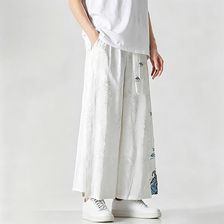Buddha Stones 春夏唐草風ドローストリング刺繍抽象柄クロップドパンツメンズワイドレッグパンツポケット付き - image 13