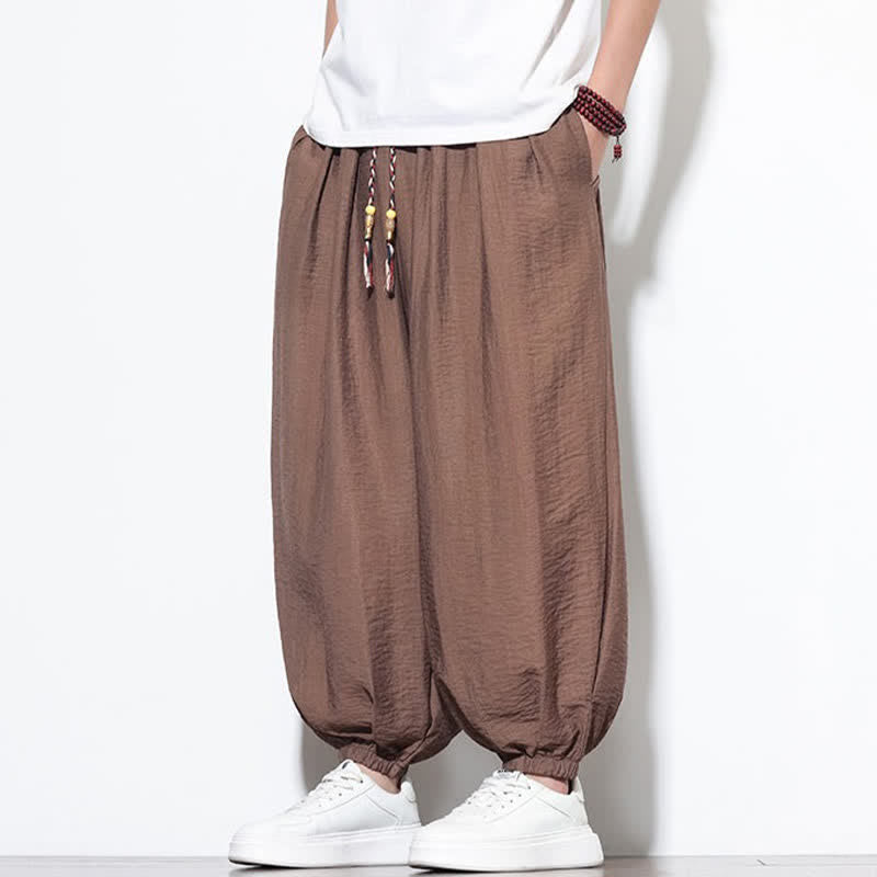 Buddha Stones 夏物カジュアルボヘミアン風ドローストリング無地クロップドパンツメンズハーレムパンツポケット付き - image 22