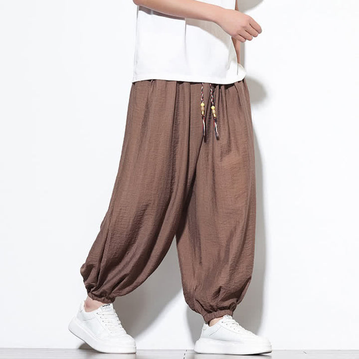 Buddha Stones 夏物カジュアルボヘミアン風ドローストリング無地クロップドパンツメンズハーレムパンツポケット付き - image 19