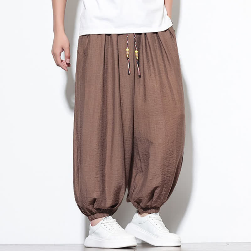Buddha Stones 夏物カジュアルボヘミアン風ドローストリング無地クロップドパンツメンズハーレムパンツポケット付き - image 25