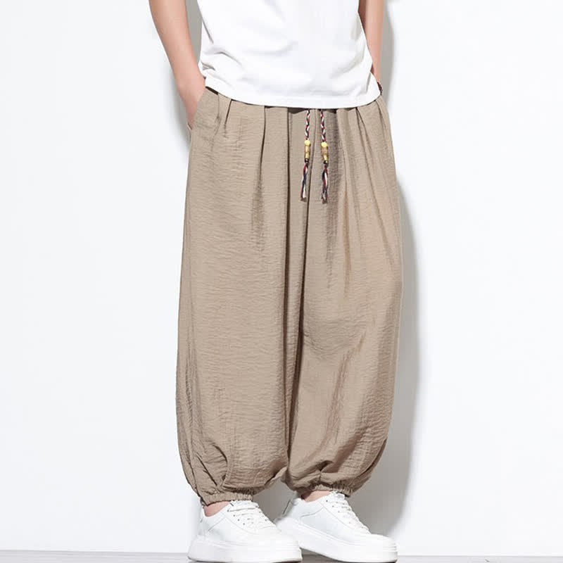 Buddha Stones 夏物カジュアルボヘミアン風ドローストリング無地クロップドパンツメンズハーレムパンツポケット付き - image 30
